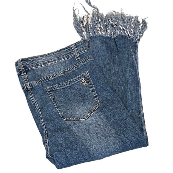 VIP Womens Jeans Straight Leg Stretch Raw Hem Festival Boho Medium Wash 15/16 - Picture 4 of 6